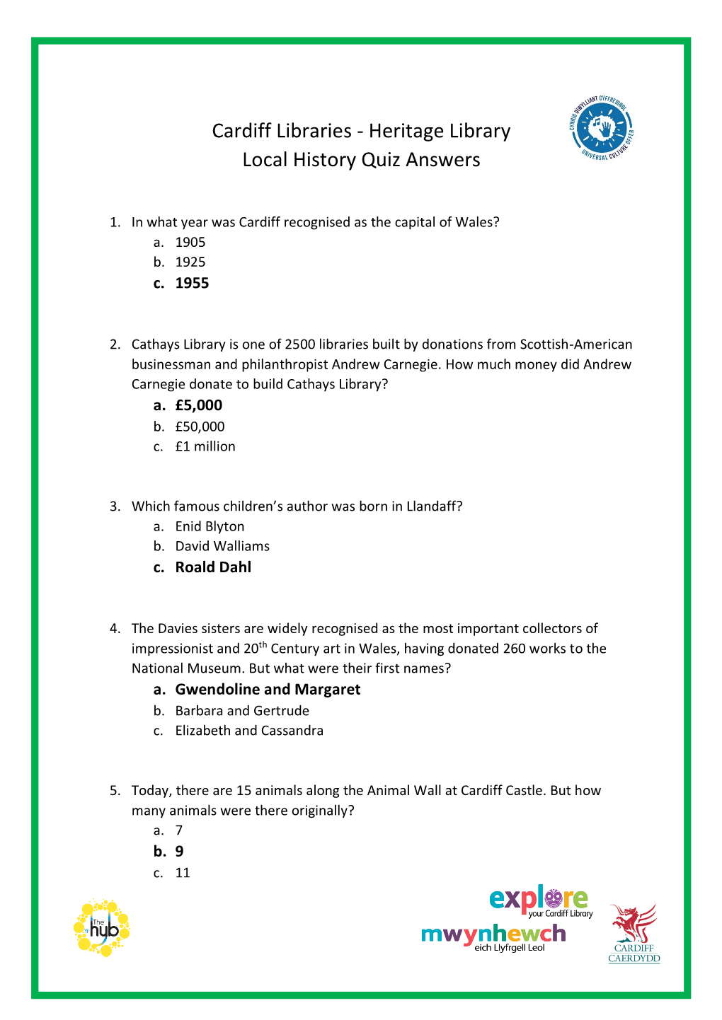 Cardiff Libraries - Heritage Library Local History Quiz Answers