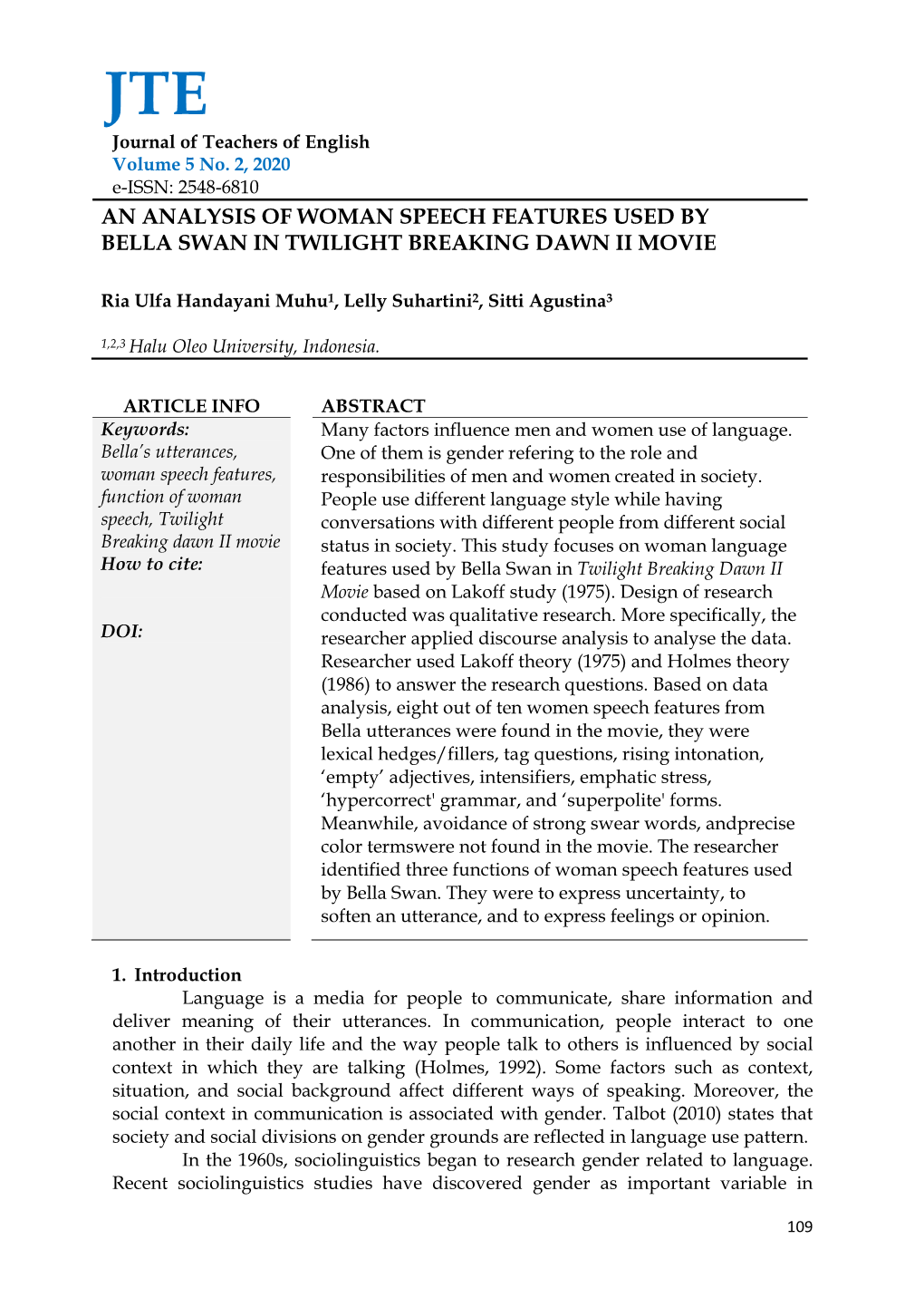 An Analysis of Woman Speech Features Used by Bella Swan in Twilight Breaking Dawn Ii Movie