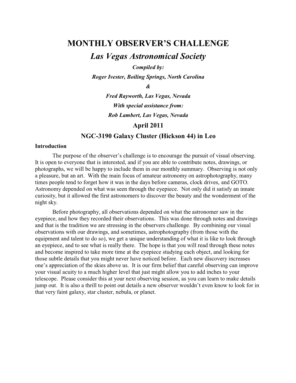 NGC-3190 Galaxy Cluster (Hickson 44) in Leo Introduction the Purpose of the Observer’S Challenge Is to Encourage the Pursuit of Visual Observing