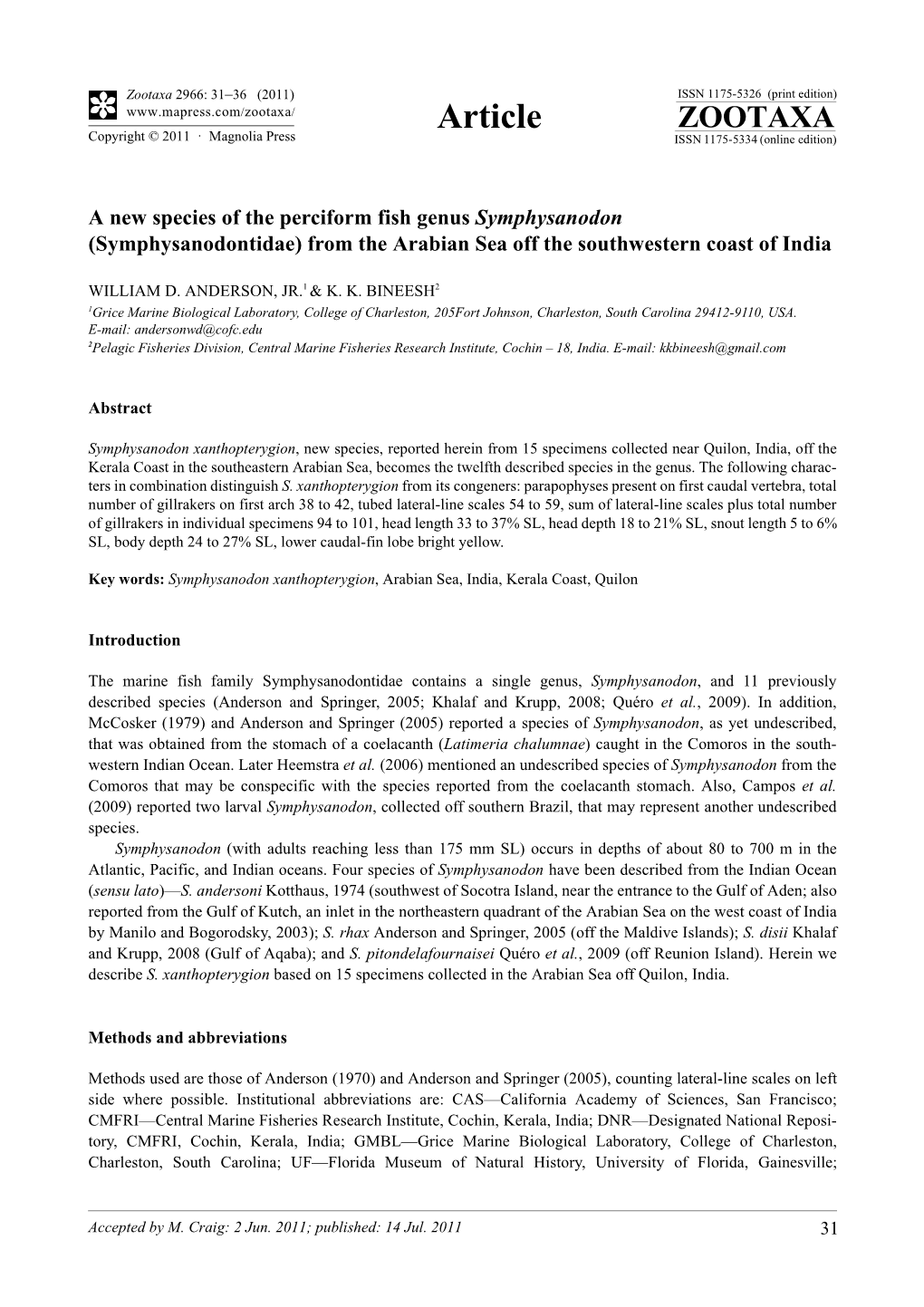 A New Species of the Perciform Fish Genus Symphysanodon (Symphysanodontidae) from the Arabian Sea Off the Southwestern Coast of India