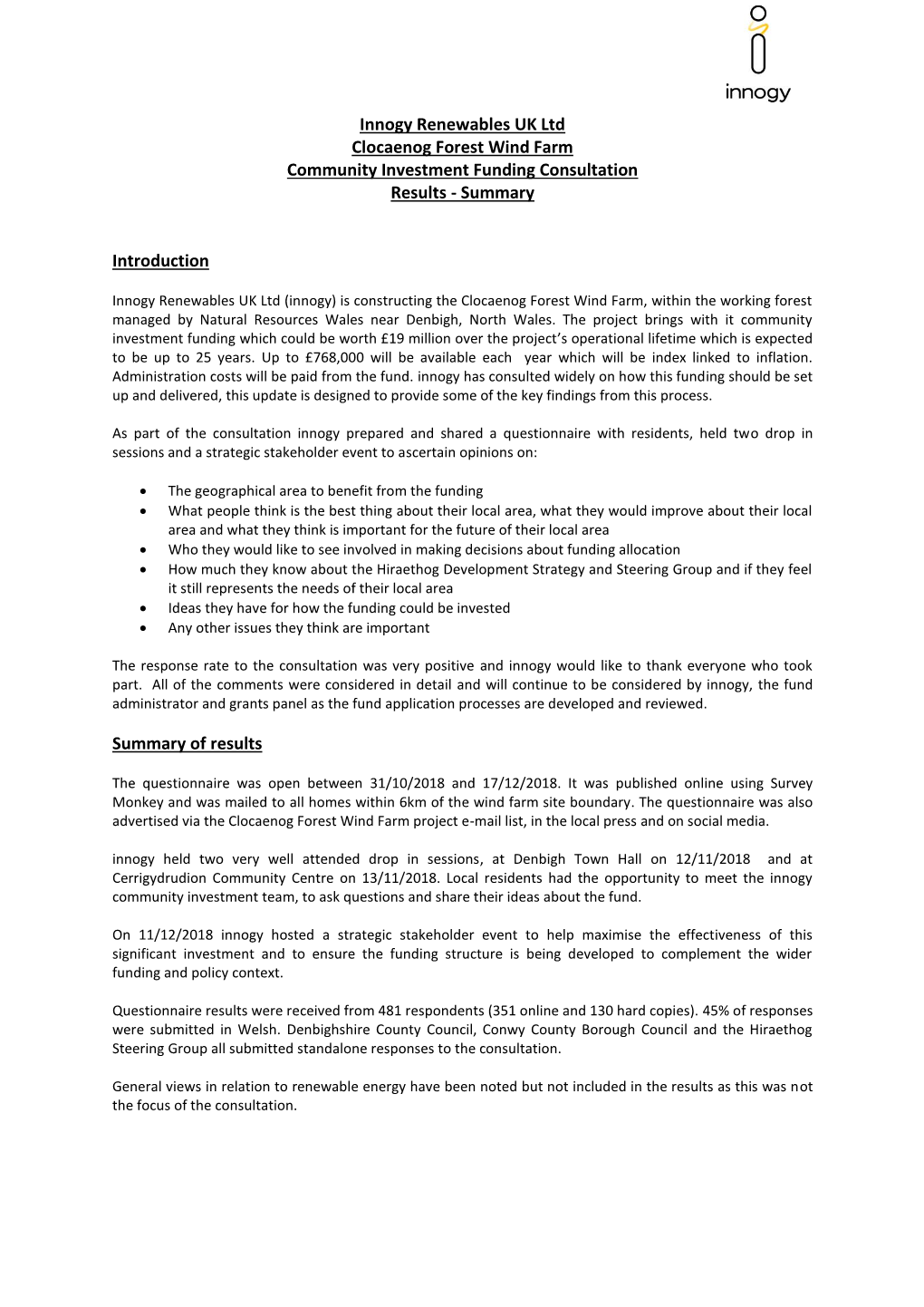 Innogy Renewables UK Ltd Clocaenog Forest Wind Farm Community Investment Funding Consultation Results - Summary