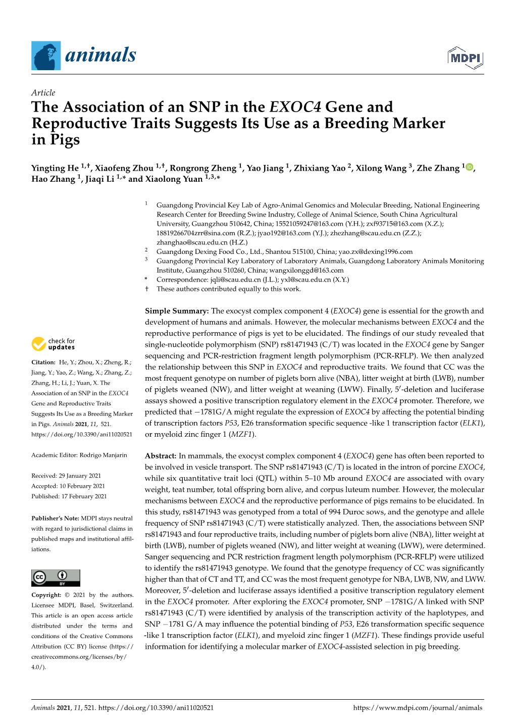 The Association of an SNP in the EXOC4 Gene and Reproductive Traits Suggests Its Use As a Breeding Marker in Pigs