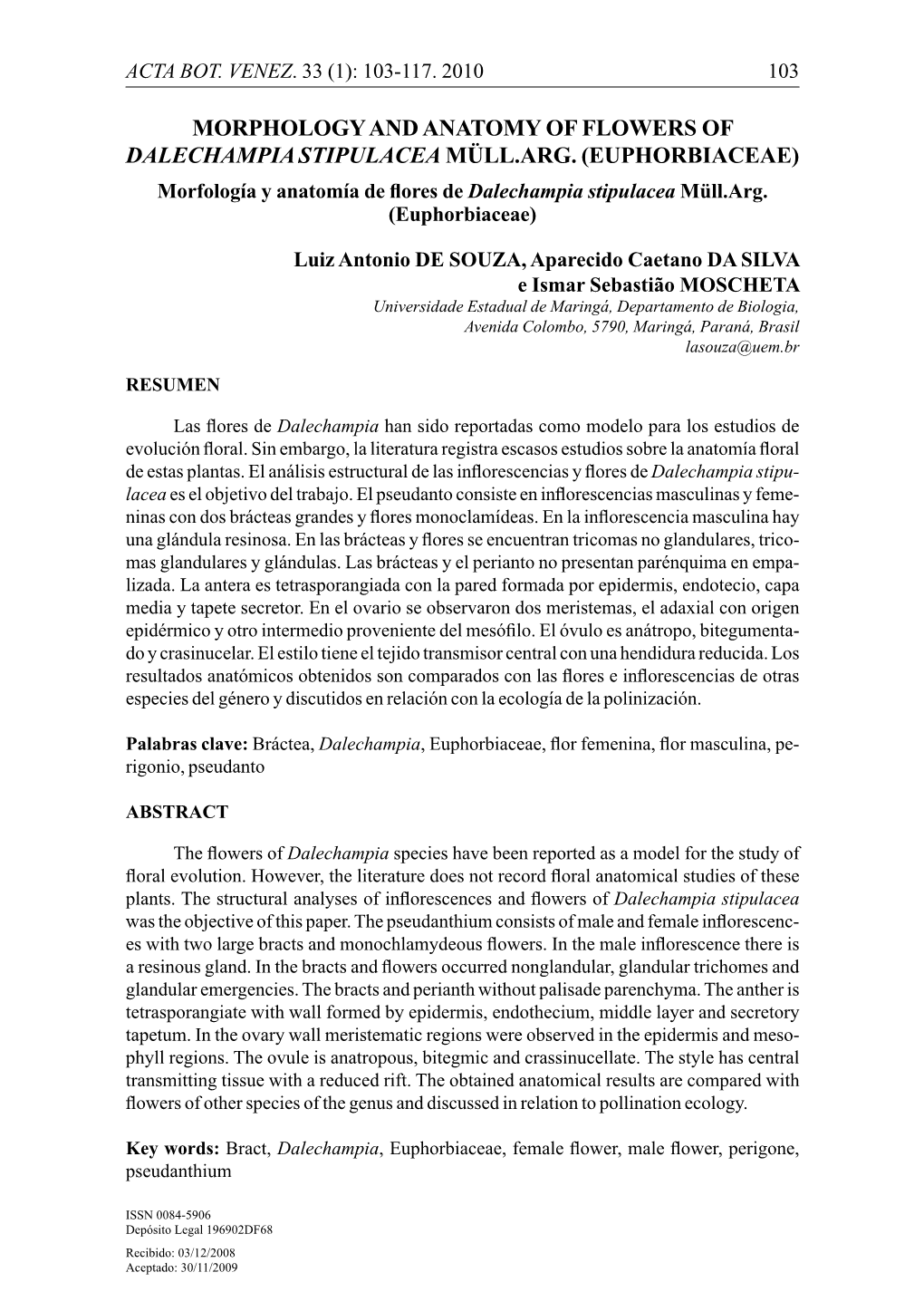 Morphology and Anatomy of Flowers of Dalechampia Stipulacea Müll.Arg