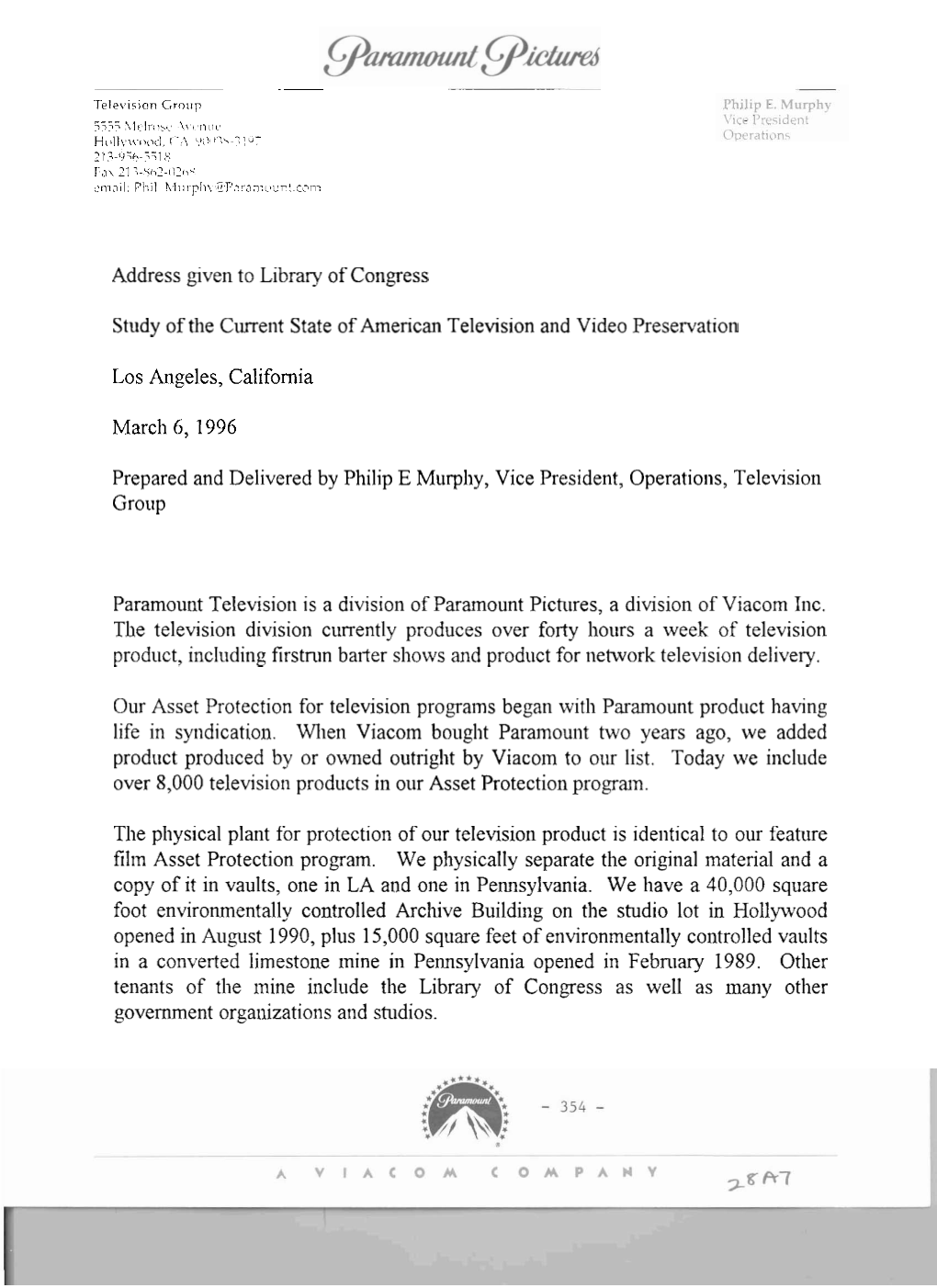 Address Gven to Library of Congress Study of the Current State of American Television and Video Preservation Los Angeles, Califo