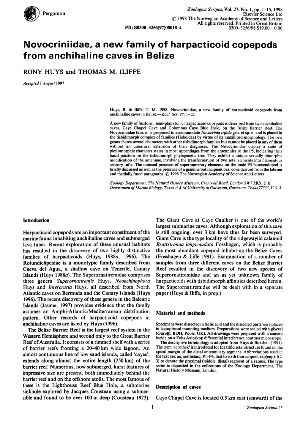 Novocriniidae, a New Family of Harpacticoid Copepods from Anchihaline Caves in Belize