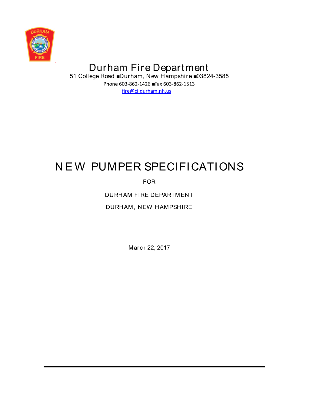 New Pumper Specifications
