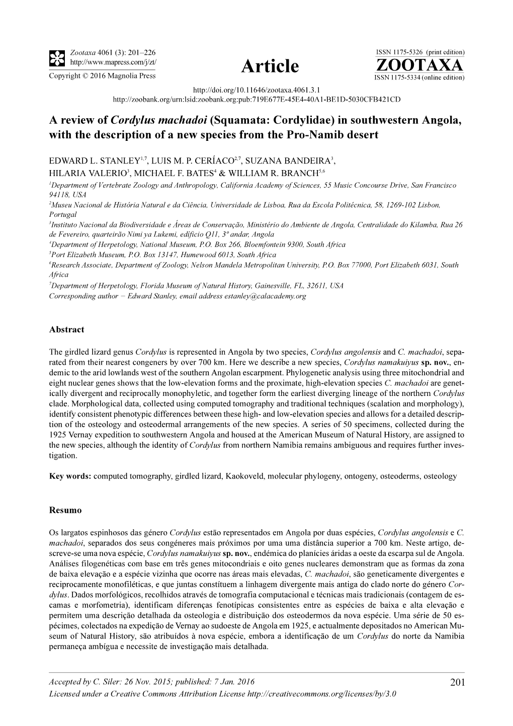 A Review of Cordylus Machadoi (Squamata: Cordylidae) in Southwestern Angola, with the Description of a New Species from the Pro-Namib Desert