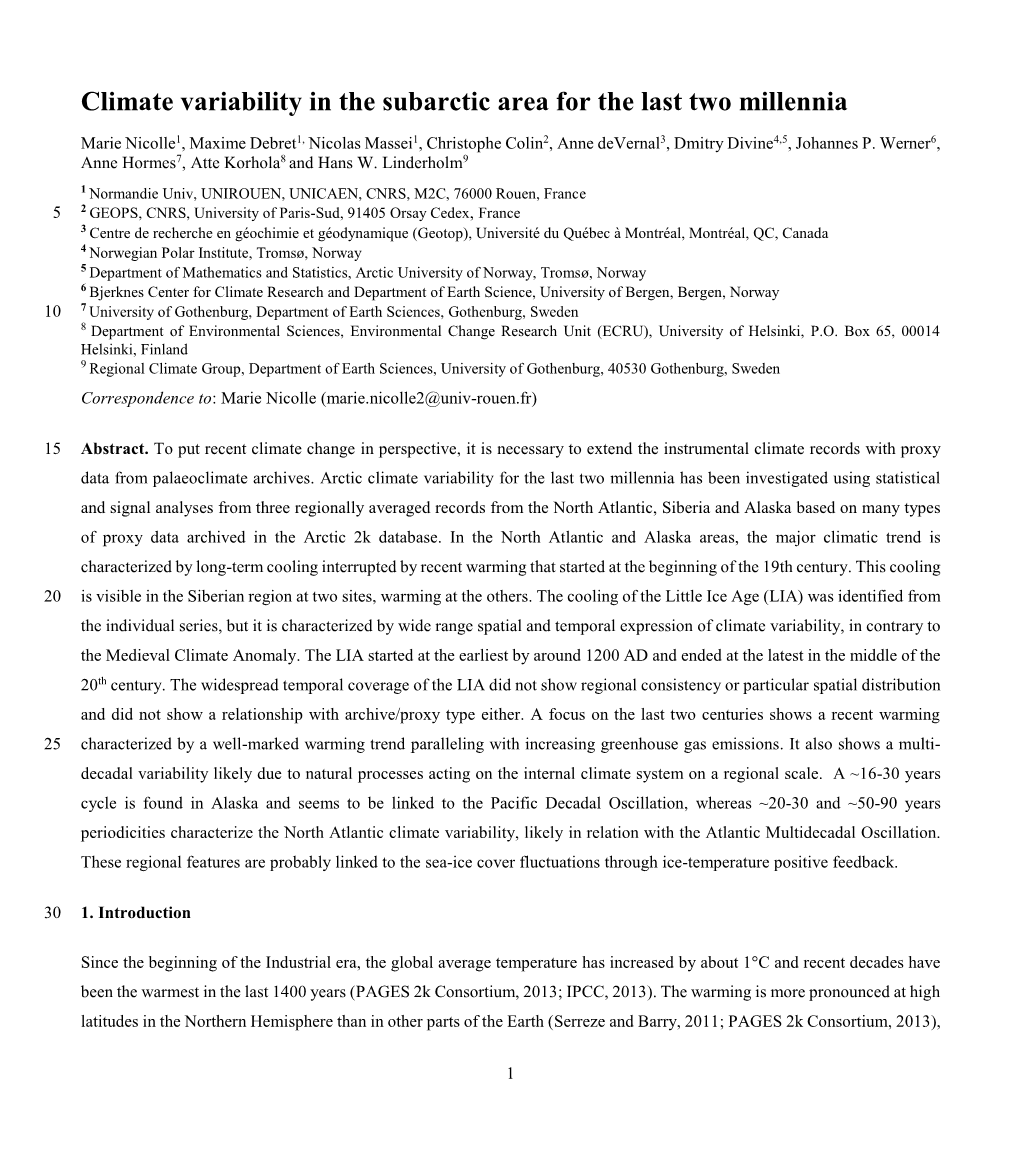 Climate Variability in the Subarctic Area for the Last Two Millennia