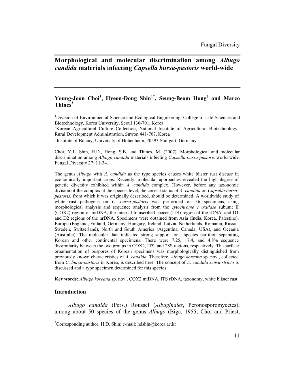 Morphological and Molecular Discrimination Among Albugo Candida Materials Infecting Capsella Bursa-Pastoris World-Wide