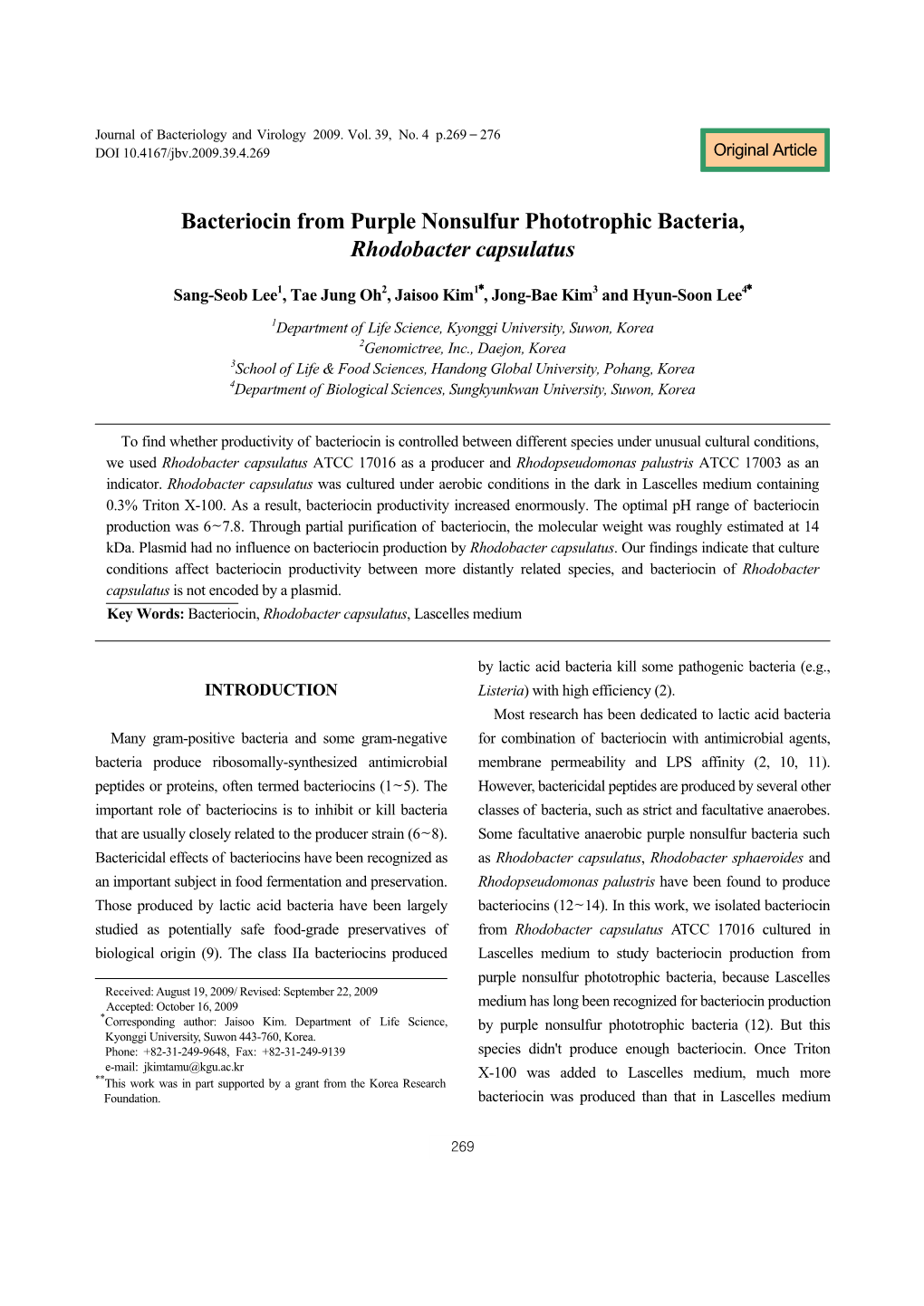 Bacteriocin from Purple Nonsulfur Phototrophic Bacteria, Rhodobacter Capsulatus