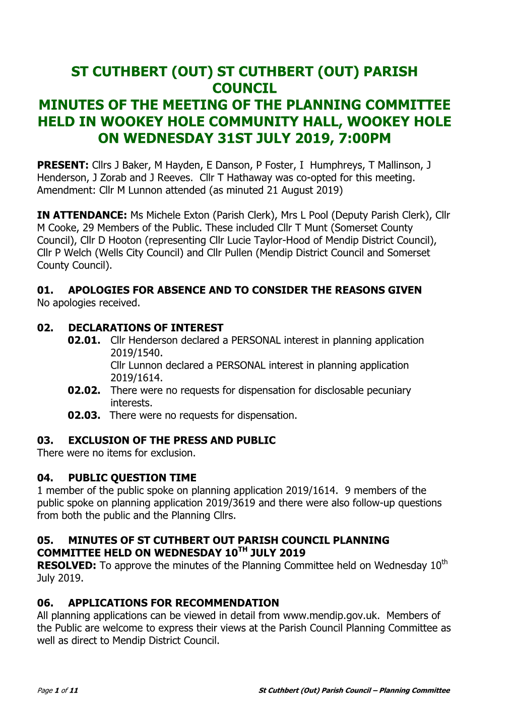 Parish Council Minutes of the Meeting of the Planning Committee Held in Wookey Hole Community Hall, Wookey Hole on Wednesday 31St July 2019, 7:00Pm