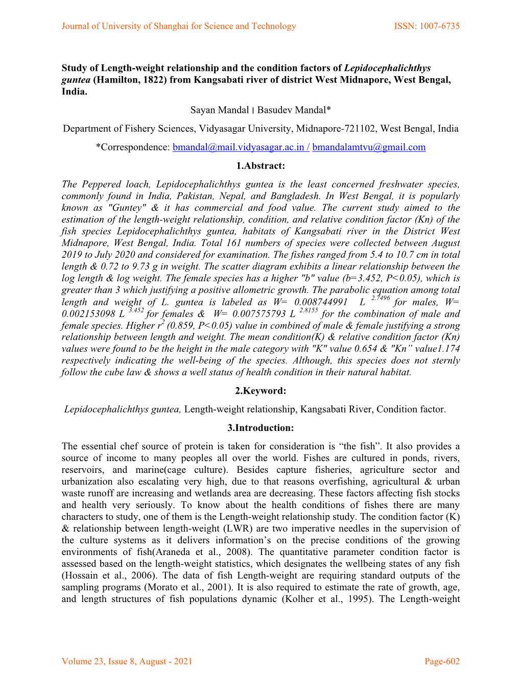 Study of Length-Weight Relationship and the Condition Factors Of