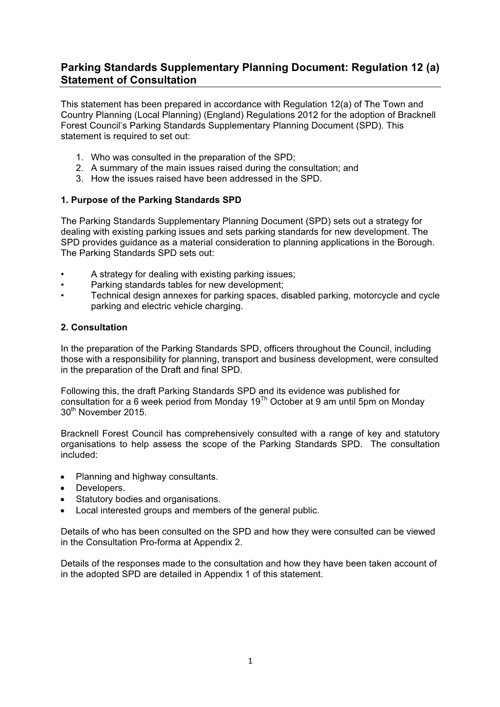 Parking Standards Supplementary Planning Document: Regulation 12 (A) Statement of Consultation