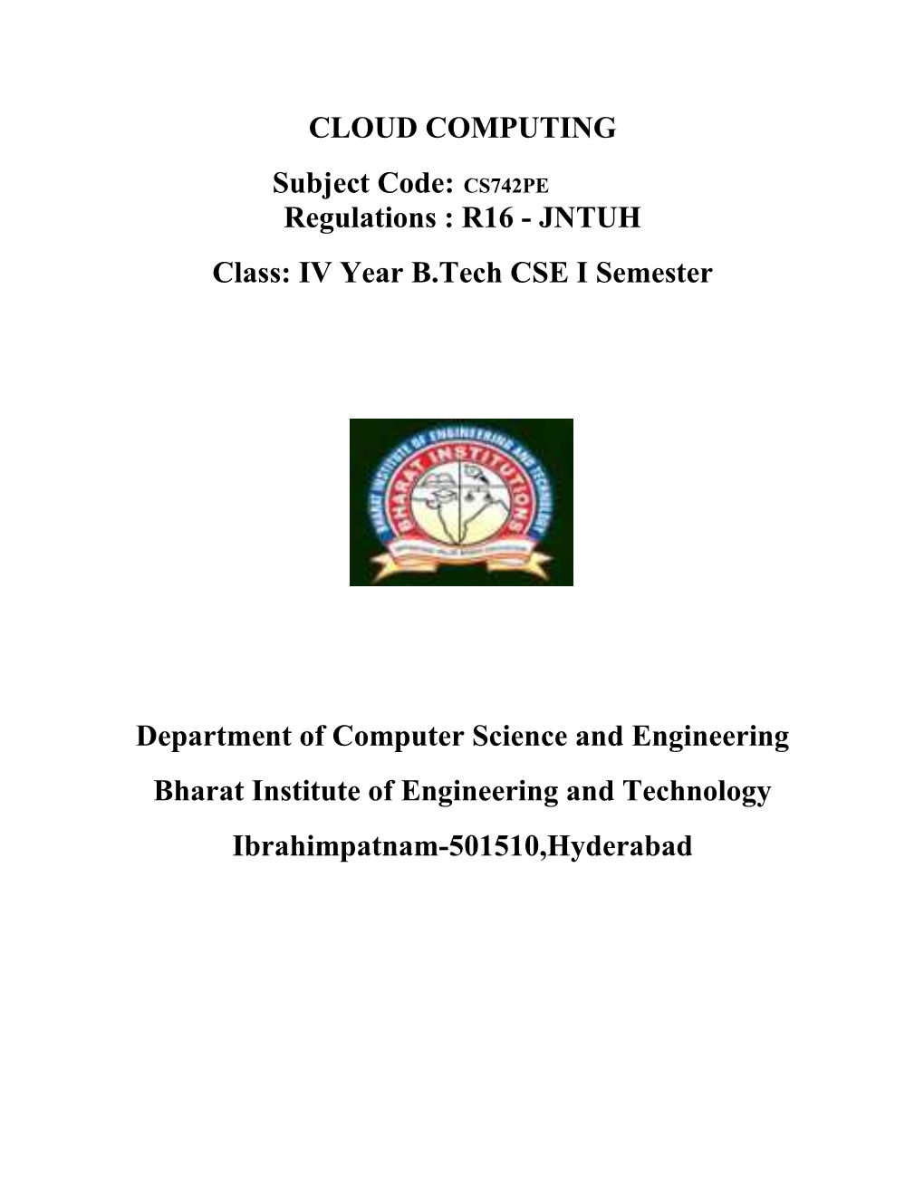 CLOUD COMPUTING Subject Code