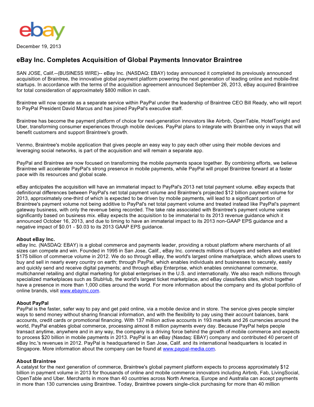 Ebay Inc. Completes Acquisition of Global Payments Innovator Braintree