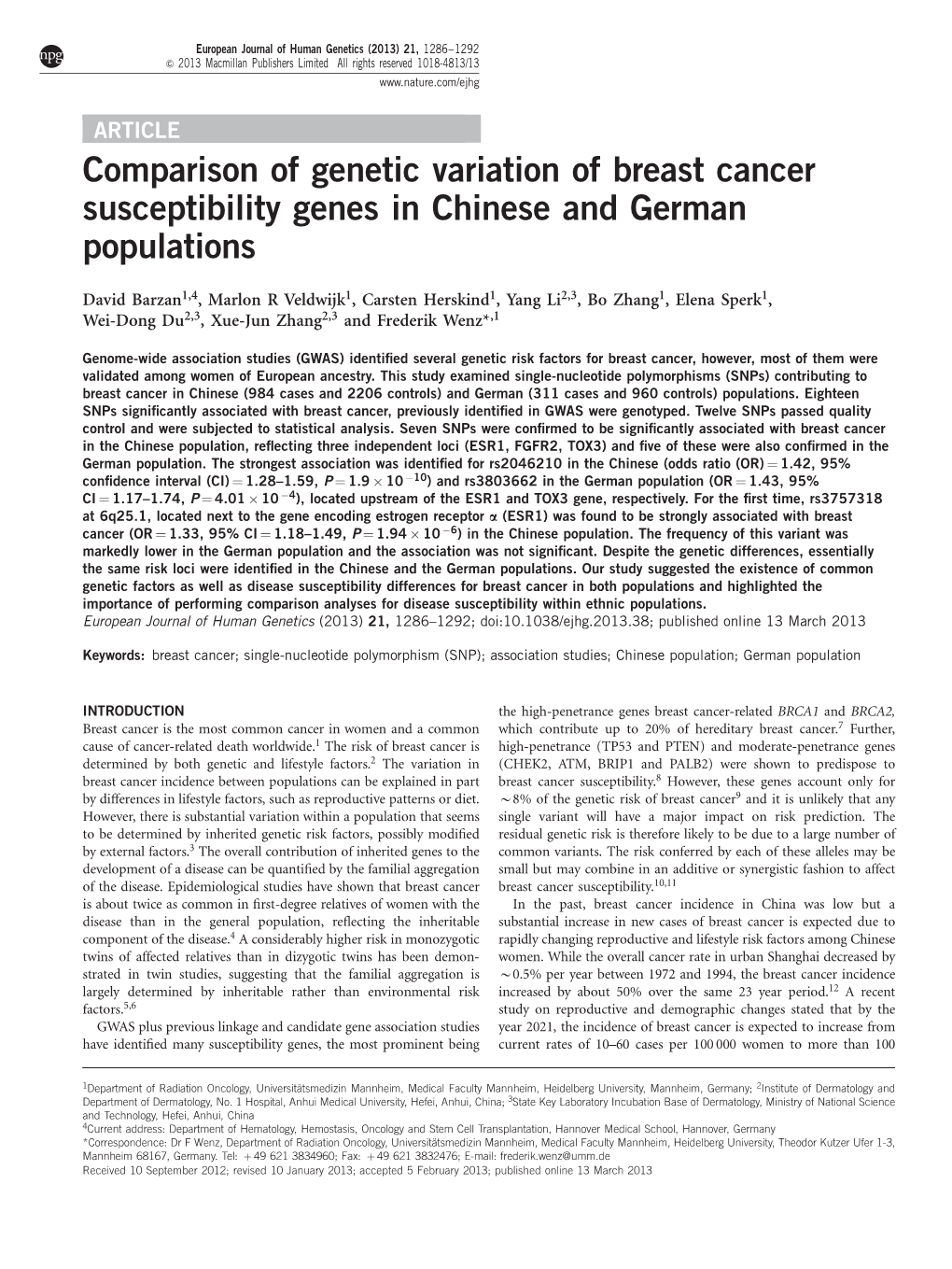 Comparison of Genetic Variation of Breast Cancer Susceptibility Genes in Chinese and German Populations