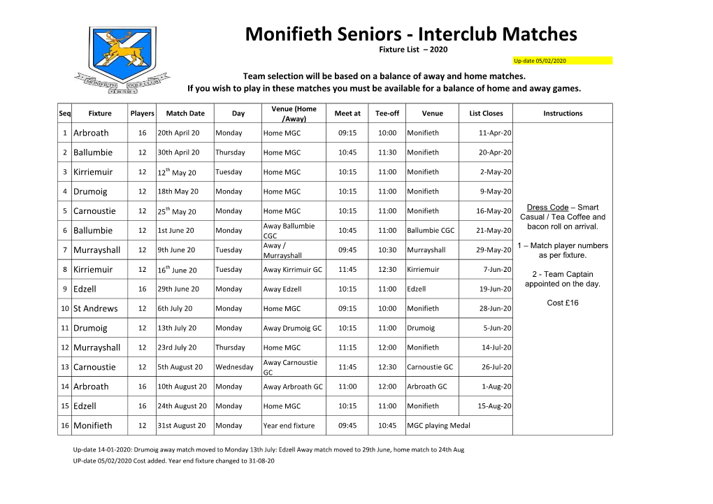 Seniors Matches 2020