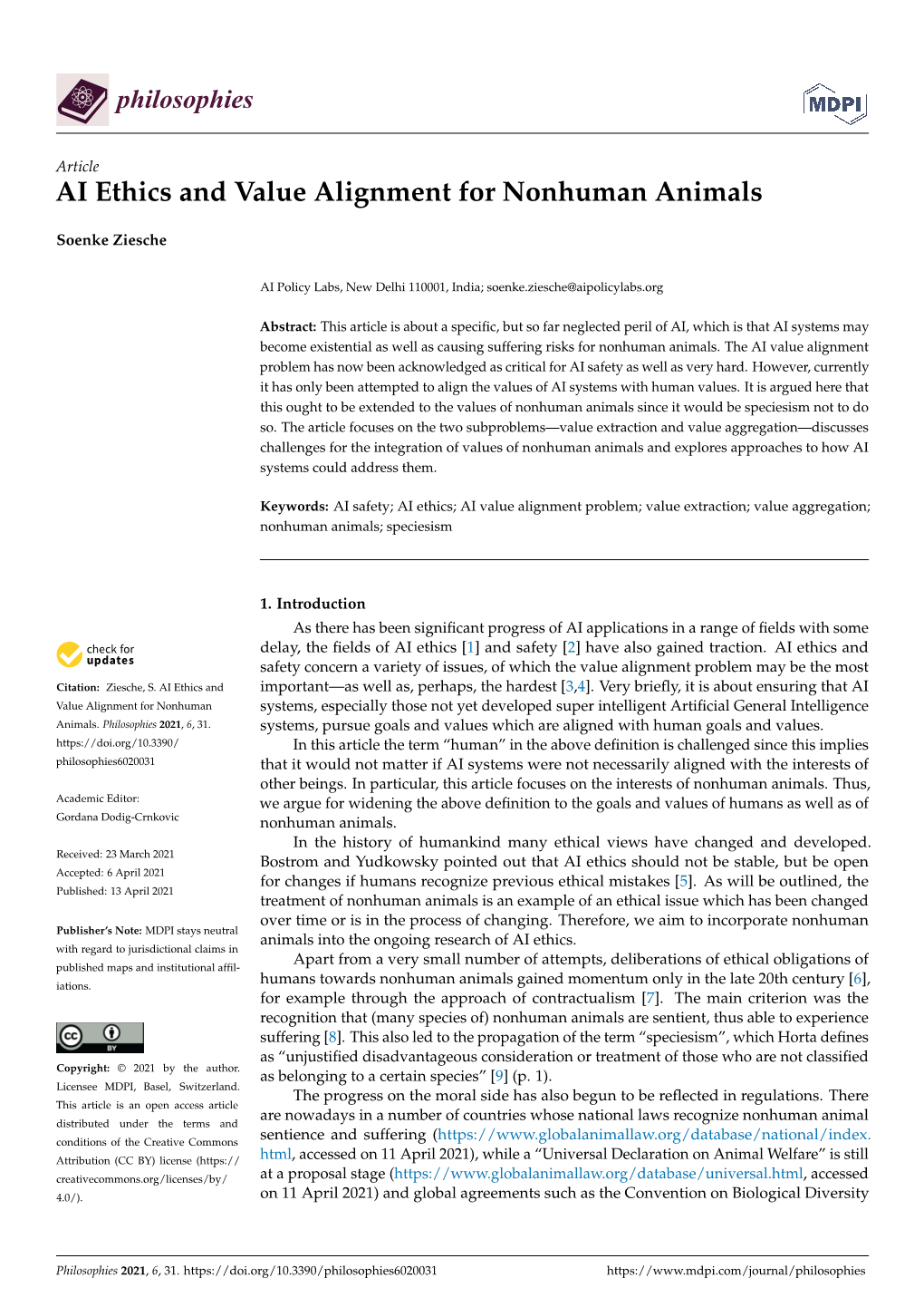 AI Ethics and Value Alignment for Nonhuman Animals