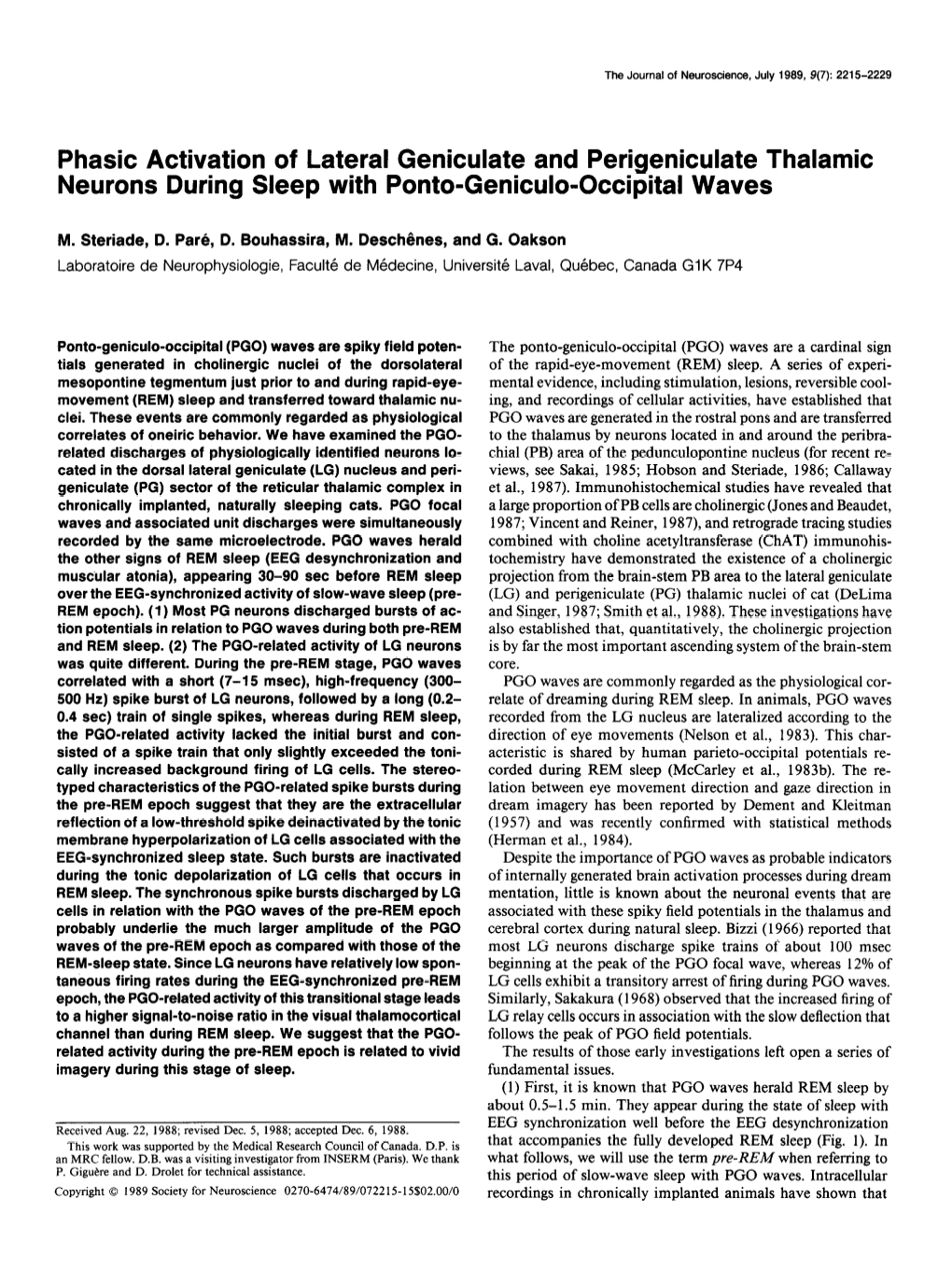 Phasic Activation of Lateral Geniculate and Perigeniculate Thalamic Neurons During Sleep with Ponto-Geniculo-Occipital Waves