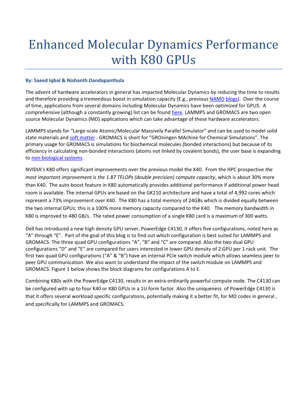 Enhanced Molecular Dynamics Performance with K80 Gpus