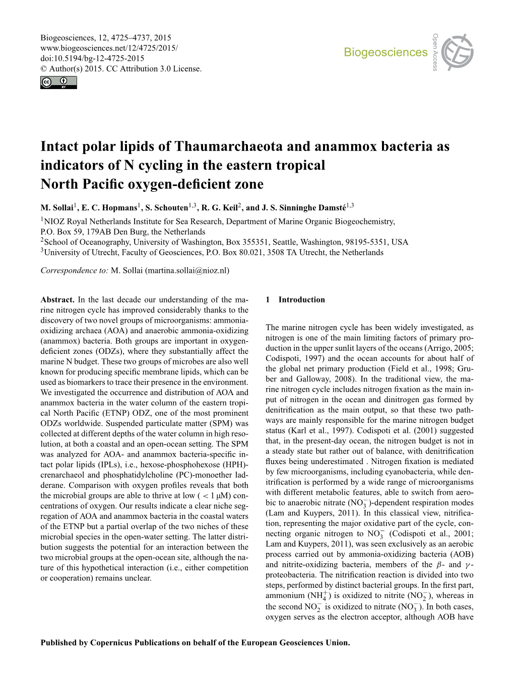 Intact Polar Lipids of Thaumarchaeota and Anammox Bacteria As Indicators of N Cycling in the Eastern Tropical North Paciﬁc Oxygen-Deﬁcient Zone