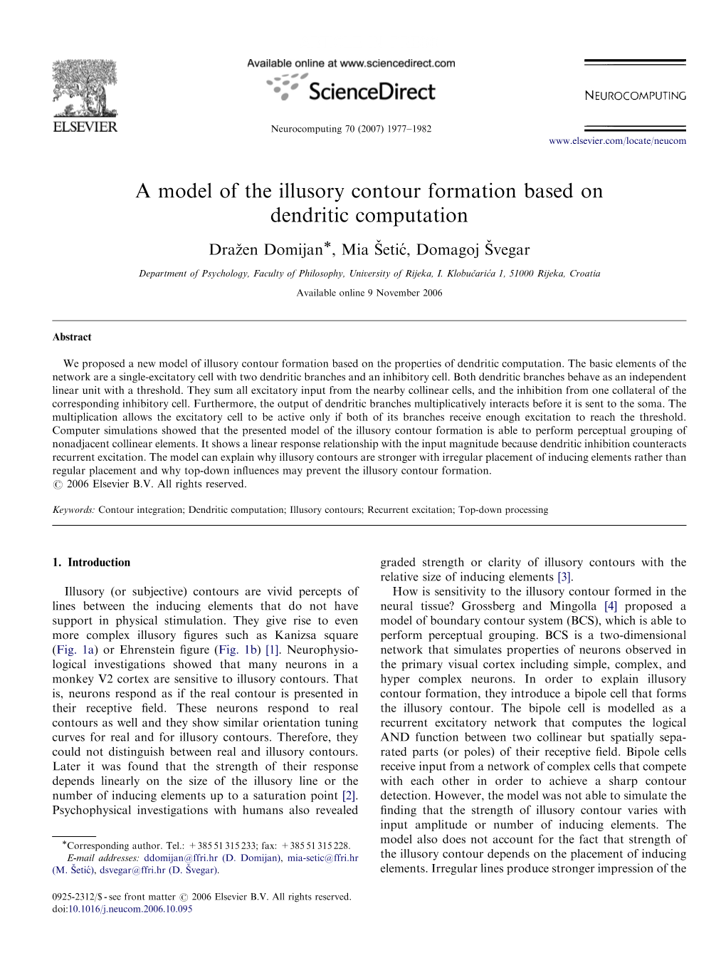 A Model of the Illusory Contour Formation Based on Dendritic Computation