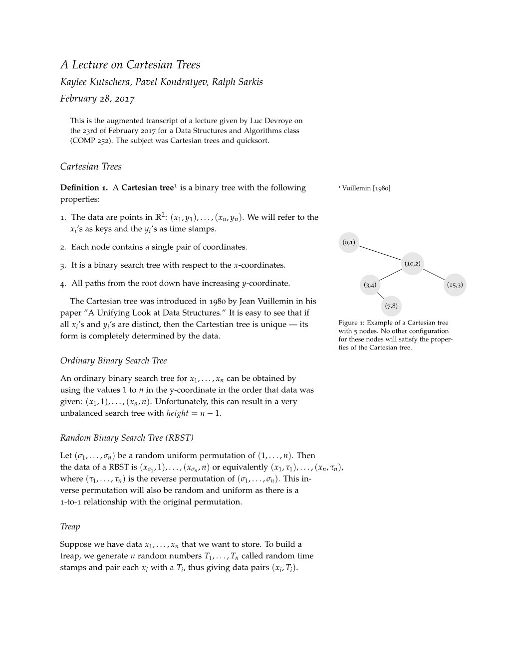 A Lecture on Cartesian Trees Kaylee Kutschera, Pavel Kondratyev, Ralph Sarkis February 28, 2017