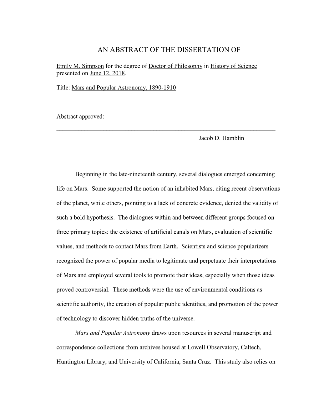 An Abstract of the Dissertation Of