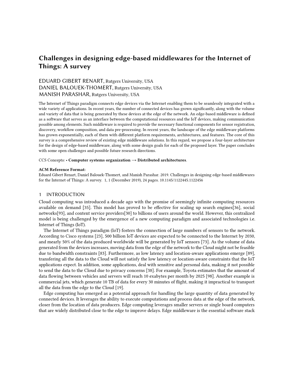 Challenges in Designing Edge-Based Middlewares for the Internet of Things: a Survey