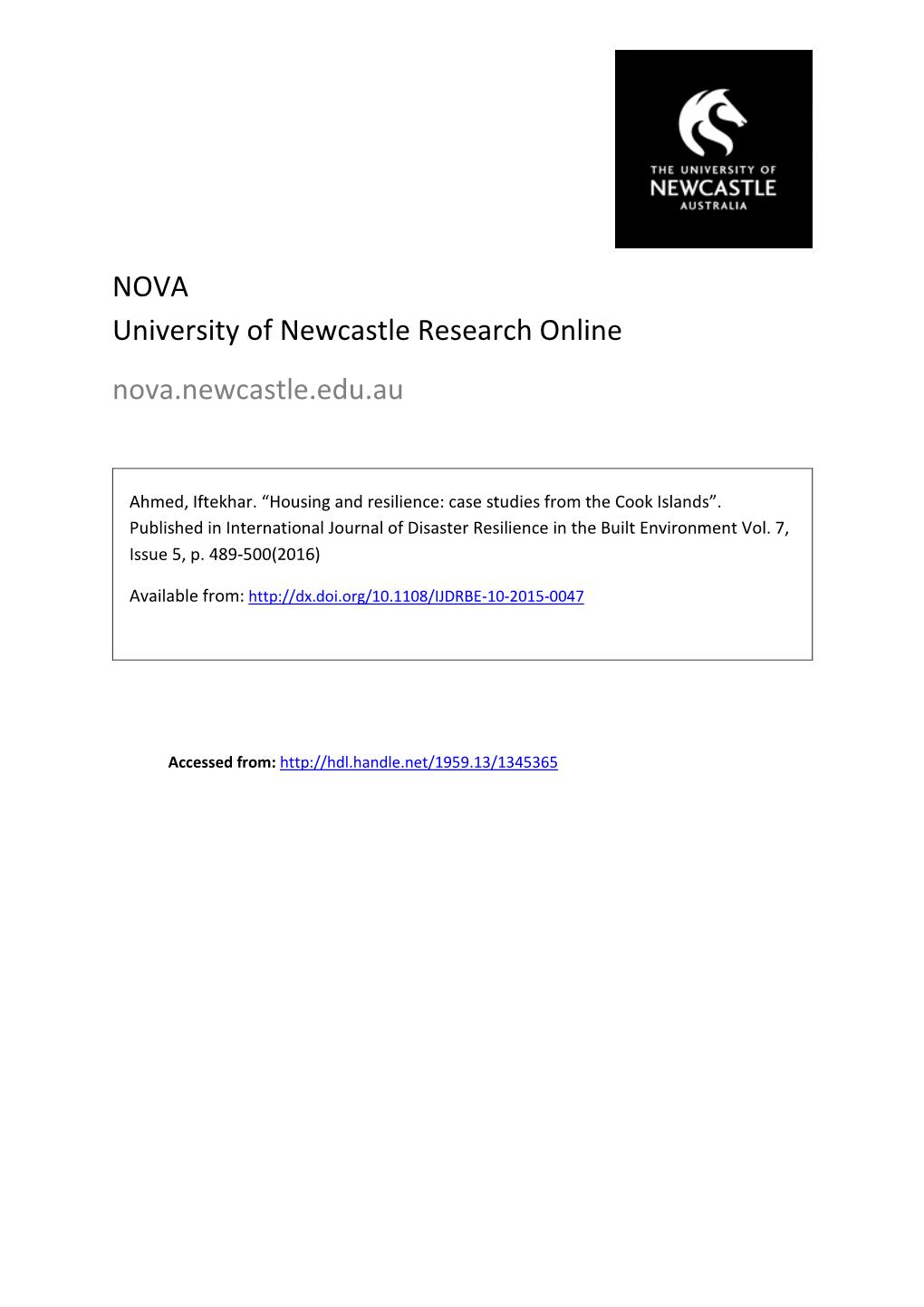 Housing and Resilience: Case Studies from the Cook Islands”