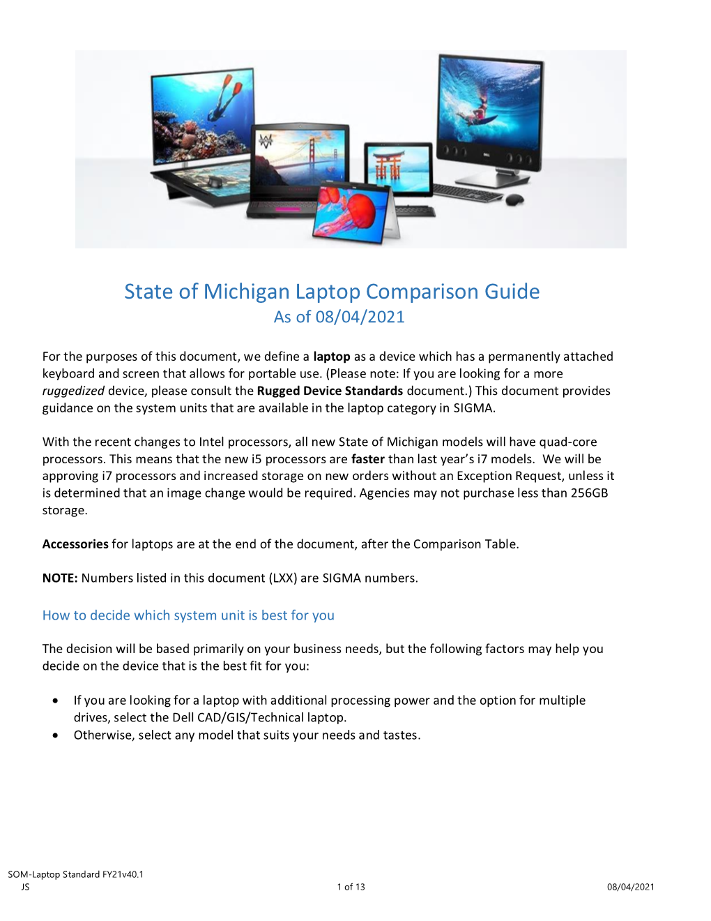 State of Michigan Laptop Comparison Guide As of 08/04/2021