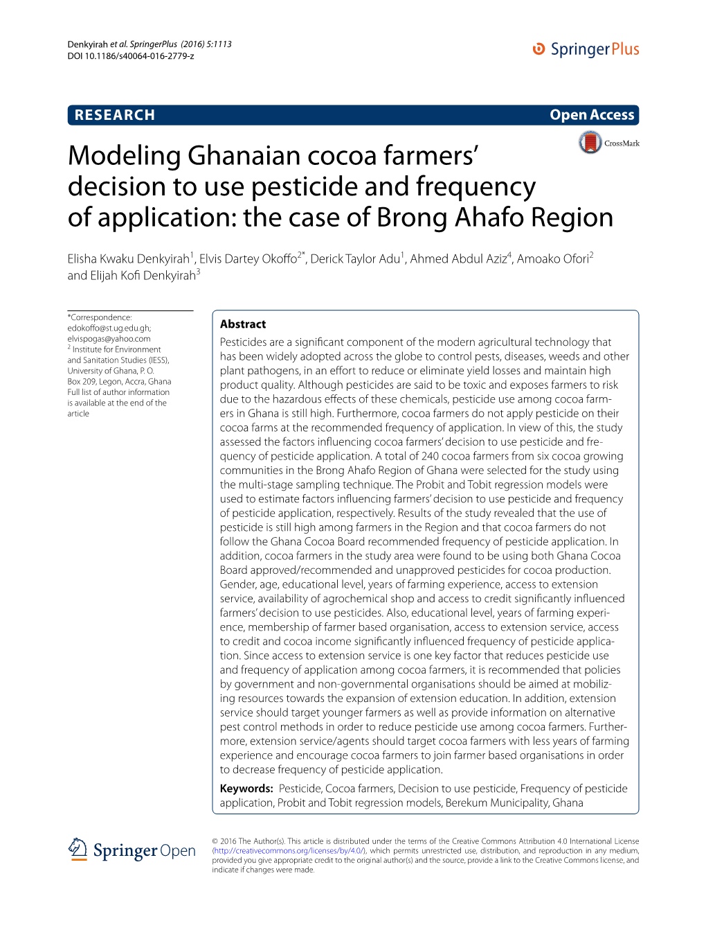 Modeling Ghanaian Cocoa Farmers' Decision to Use Pesticide And