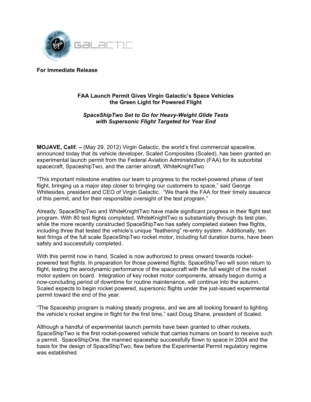 Virgin Galactic Scaled Permit Press Release