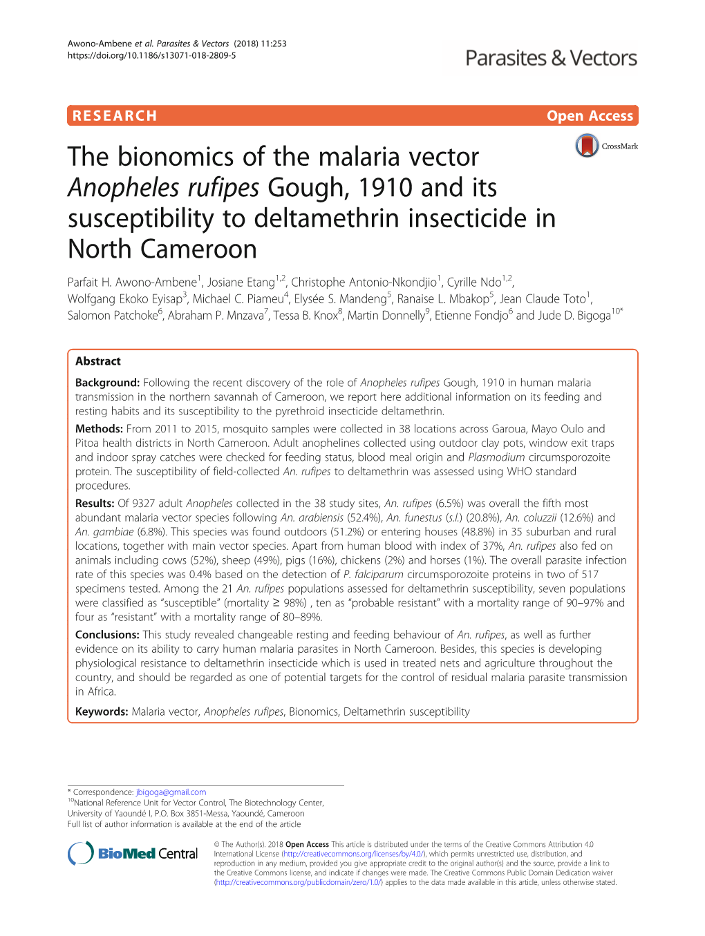 The Bionomics of the Malaria Vector Anopheles Rufipes Gough, 1910 and Its Susceptibility to Deltamethrin Insecticide in North Cameroon Parfait H