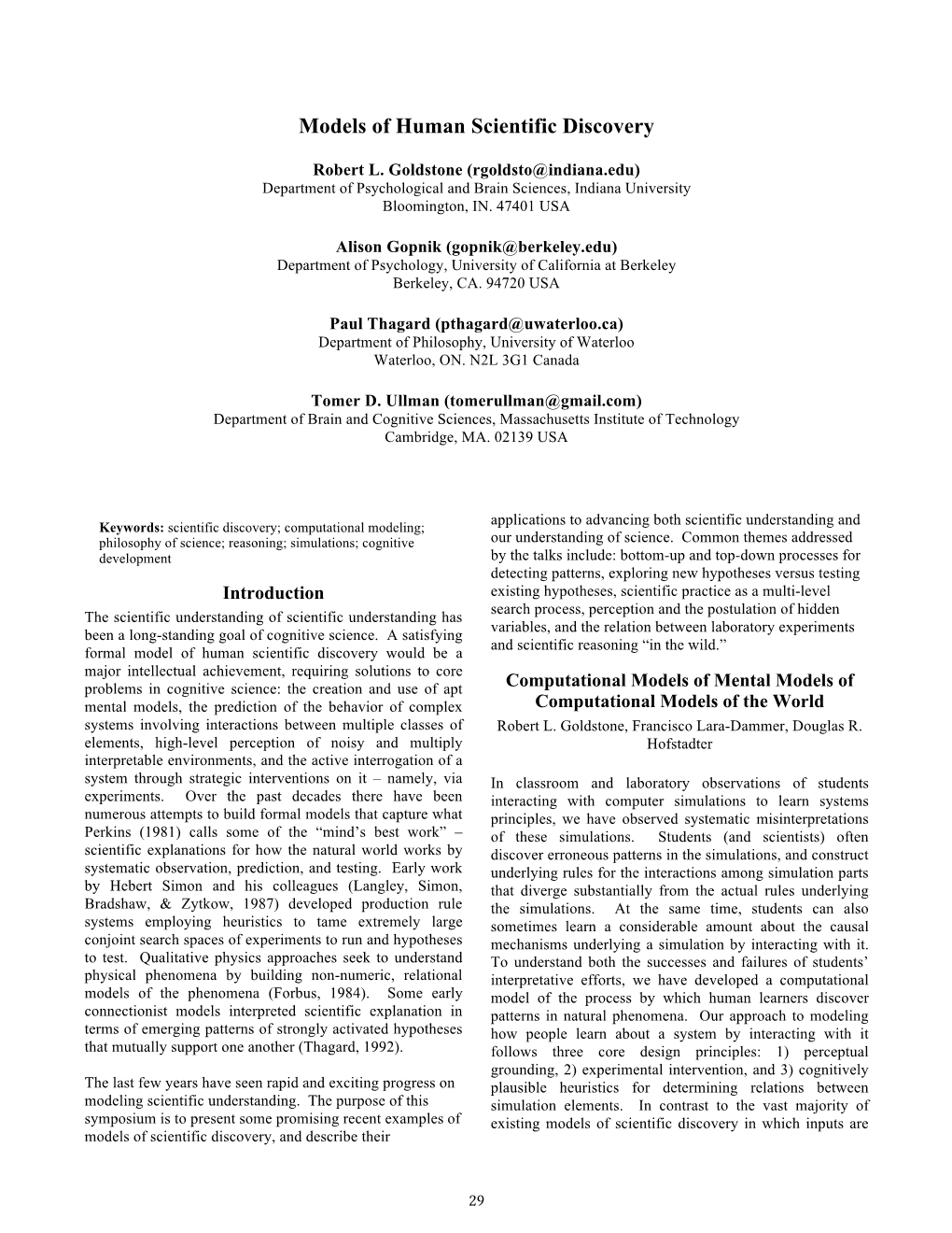 Models of Human Scientific Discovery. Proceedings