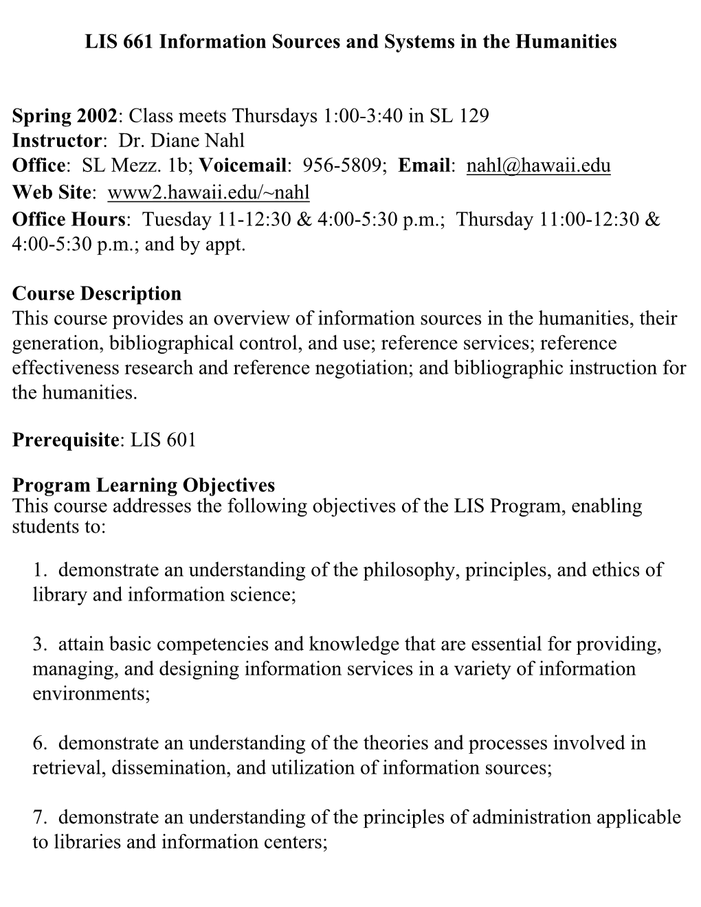 LIS 661 Information Sources and Systems in the Humanities