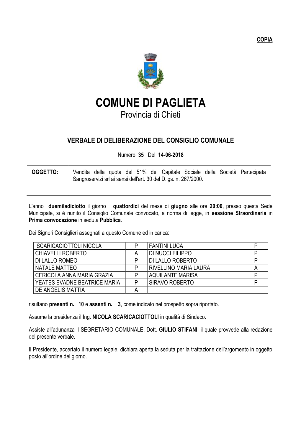 COMUNE DI PAGLIETA Provincia Di Chieti