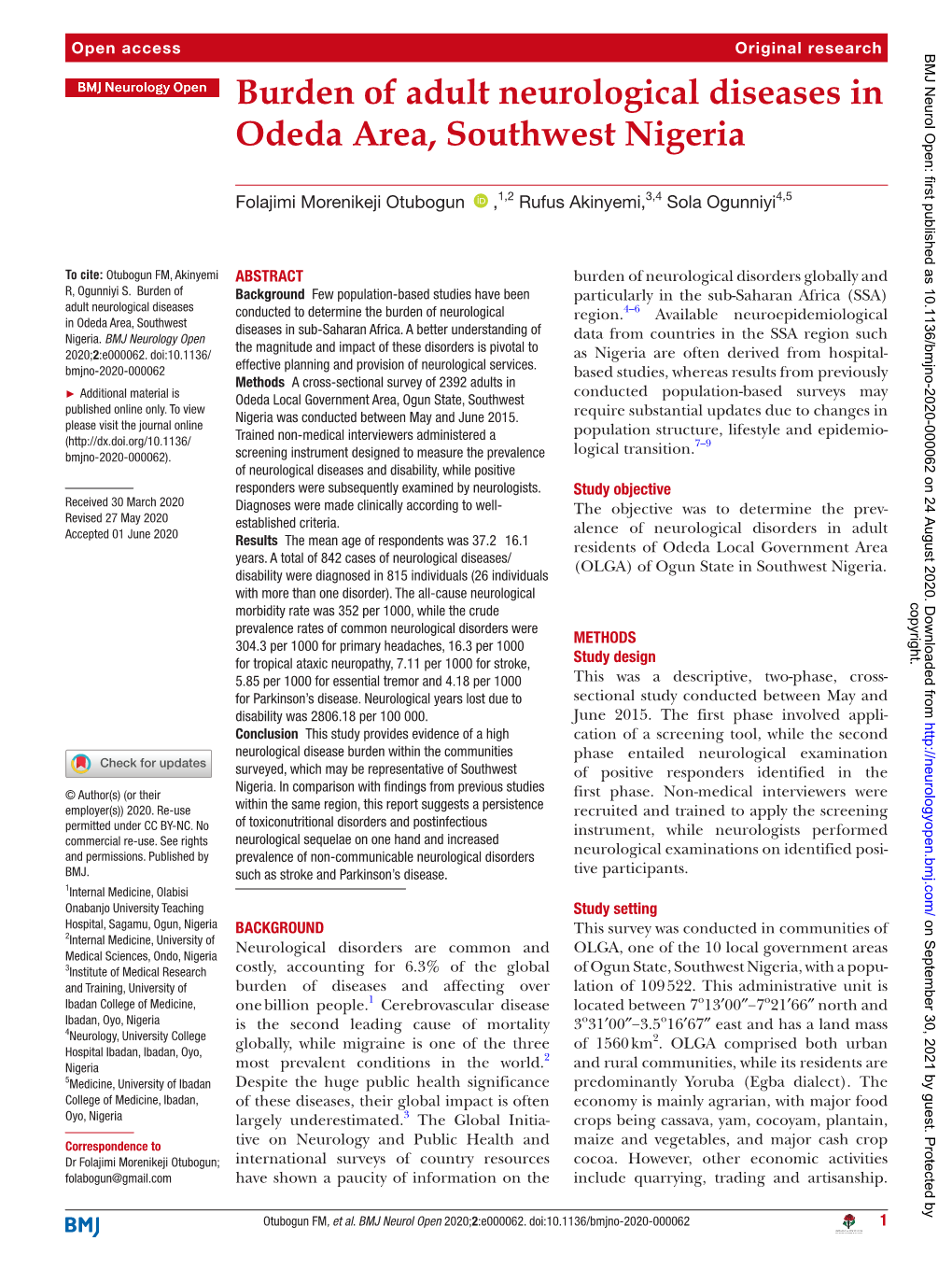 Burden of Adult Neurological Diseases in Odeda Area, Southwest Nigeria