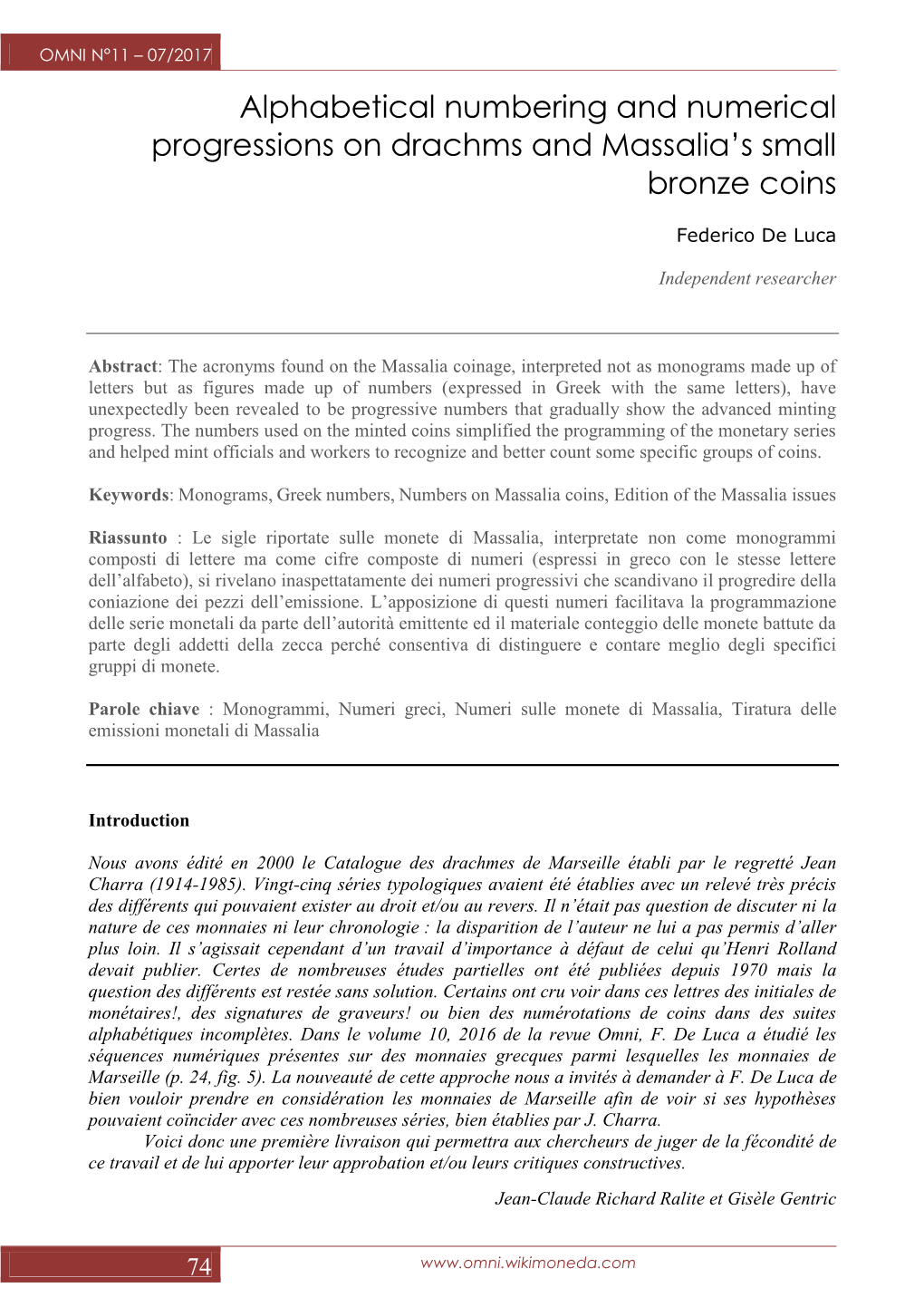 Alphabetical Numbering and Numerical Progressions on Drachms and Massalia's Small Bronze Coins