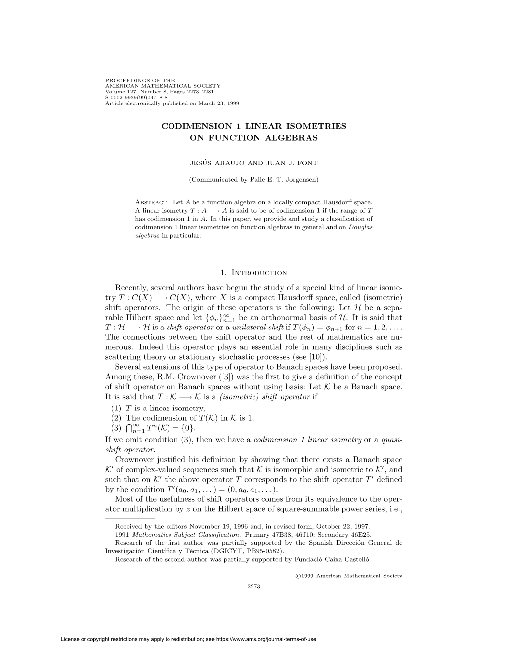 Codimension 1 Linear Isometries on Function Algebras