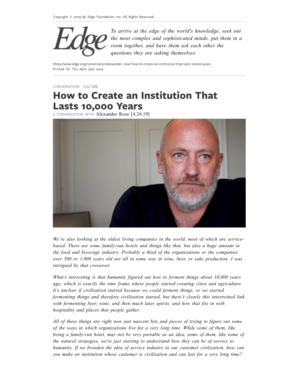 How to Create an Institution That Lasts 10,000 Years a CONVERSATION with Alexander Rose [4.24.19]