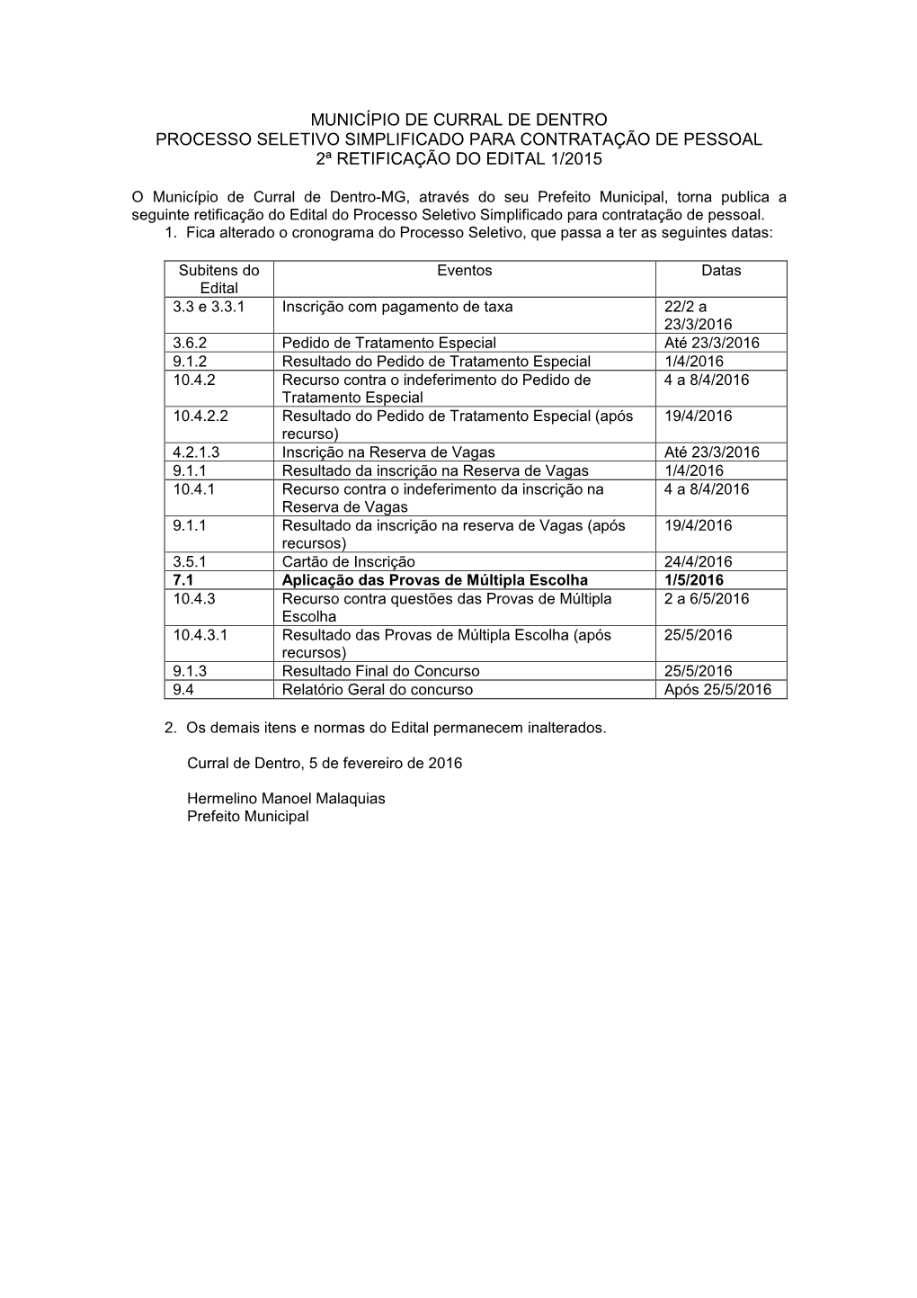 Município De Curral De Dentro Processo Seletivo Simplificado Para Contratação De Pessoal 2ª Retificação Do Edital 1/2015