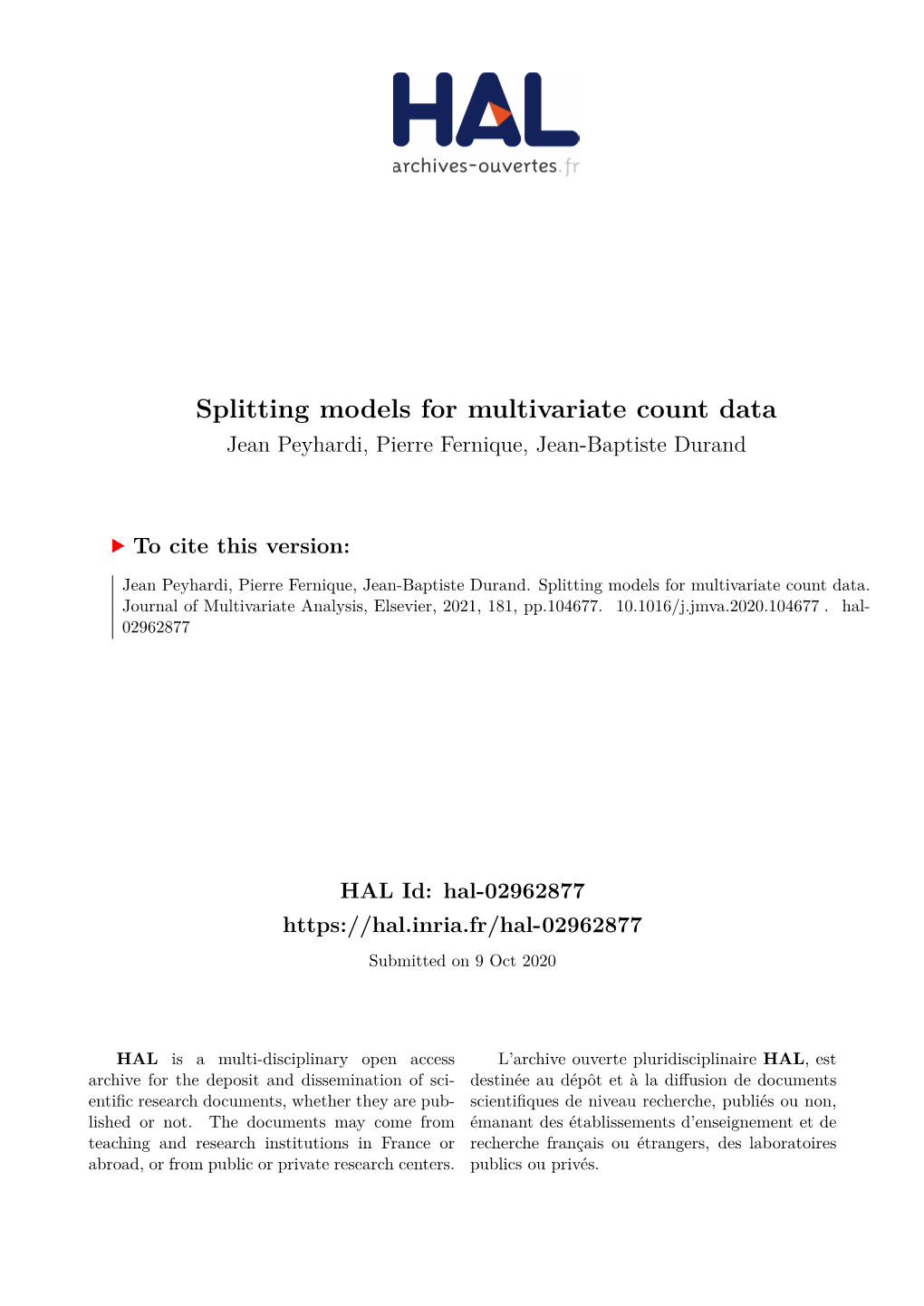 Splitting Models for Multivariate Count Data Jean Peyhardi, Pierre Fernique, Jean-Baptiste Durand