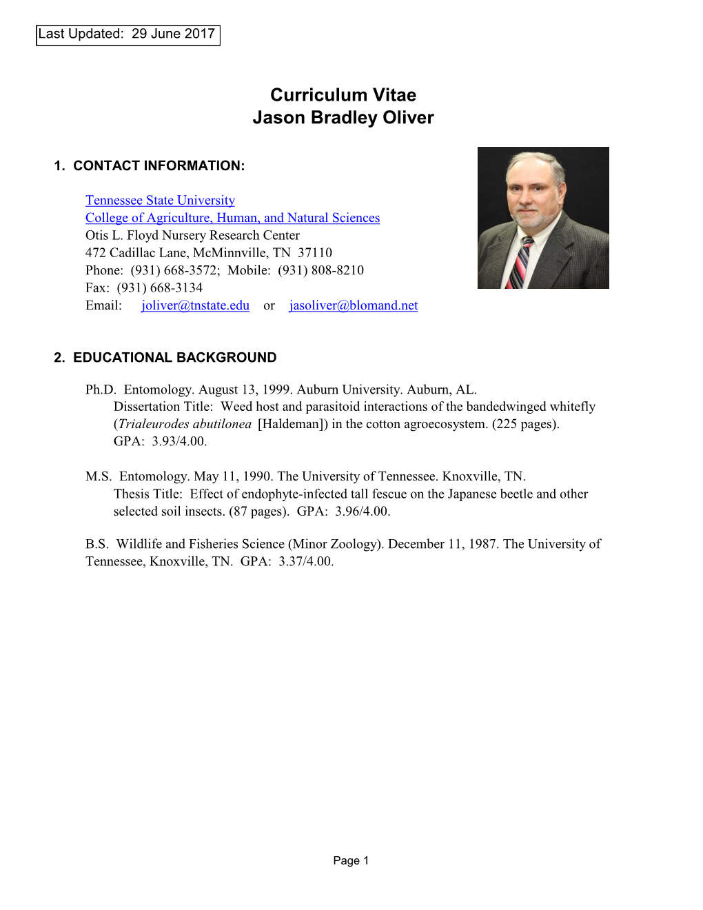 Curriculum Vitae Jason Bradley Oliver