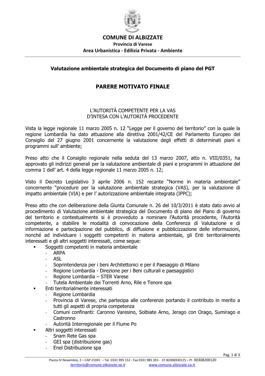 COMUNE DI ALBIZZATE Provincia Di Varese Area Urbanistica - Edilizia Privata - Ambiente