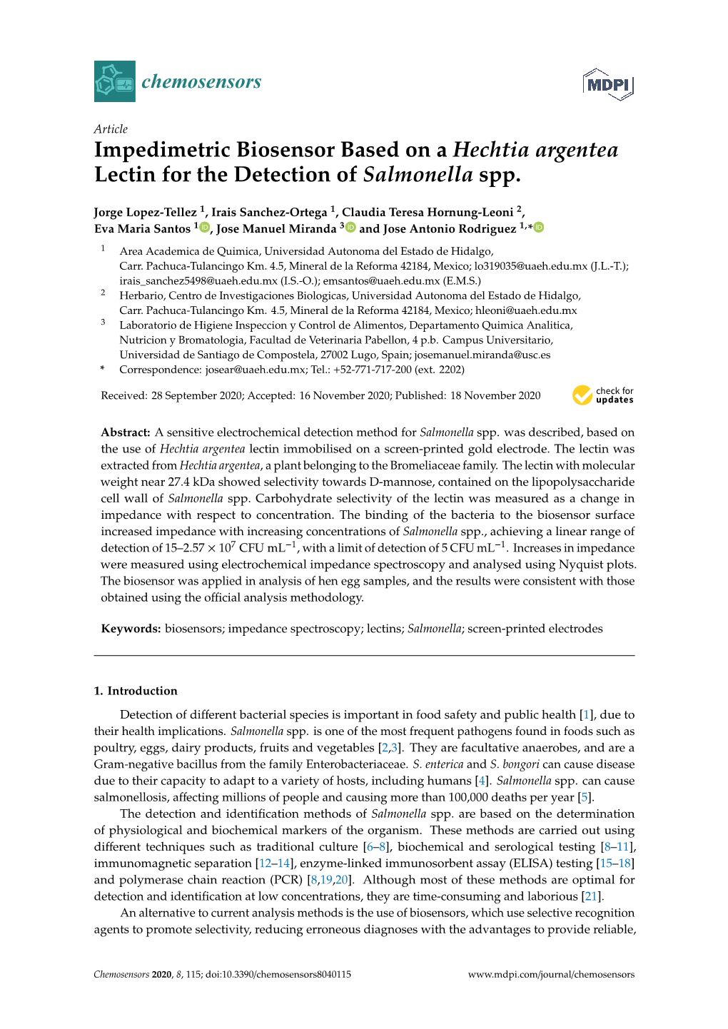 Impedimetric Biosensor Based on a Hechtia Argentea Lectin for the Detection of Salmonella Spp