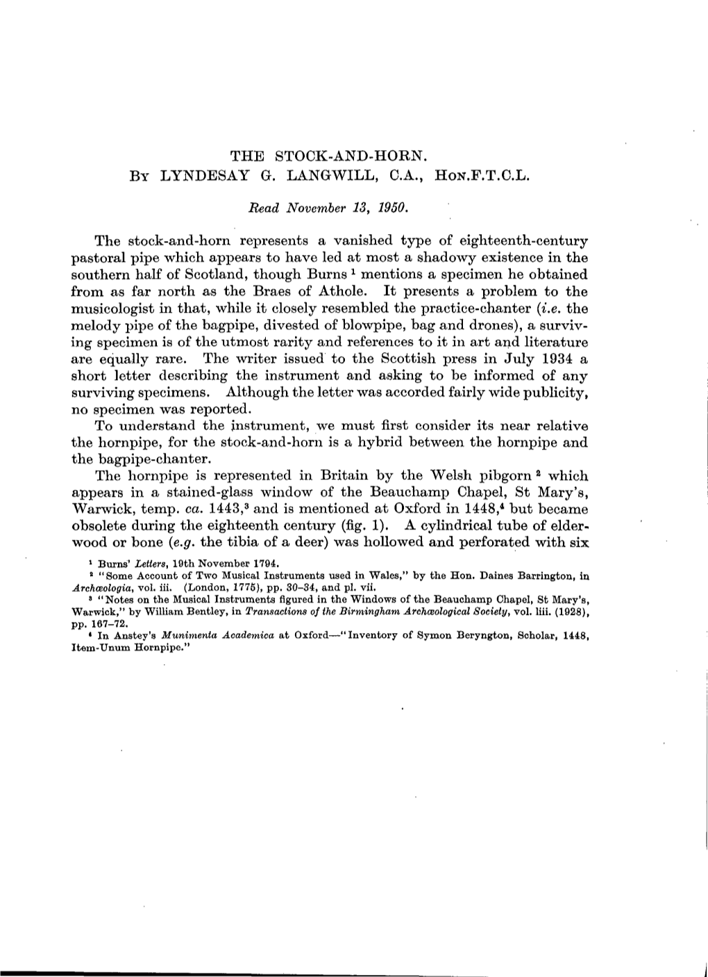 The Stock-And-Horn. by Lyndesay G. Langwill, C.A