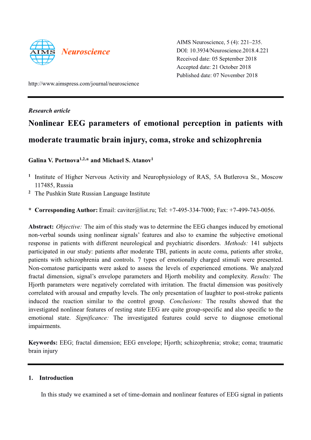 Nonlinear EEG Parameters of Emotional Perception in Patients with Moderate Traumatic Brain Injury, Coma, Stroke and Schizophrenia