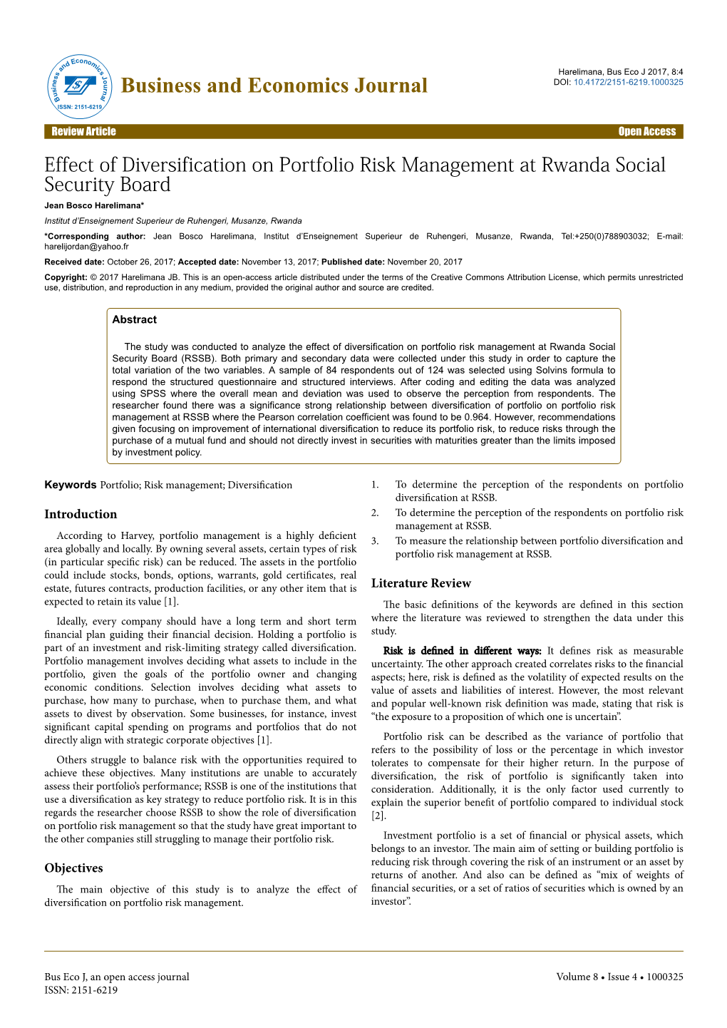 Effect of Diversification on Portfolio Risk Management at Rwanda