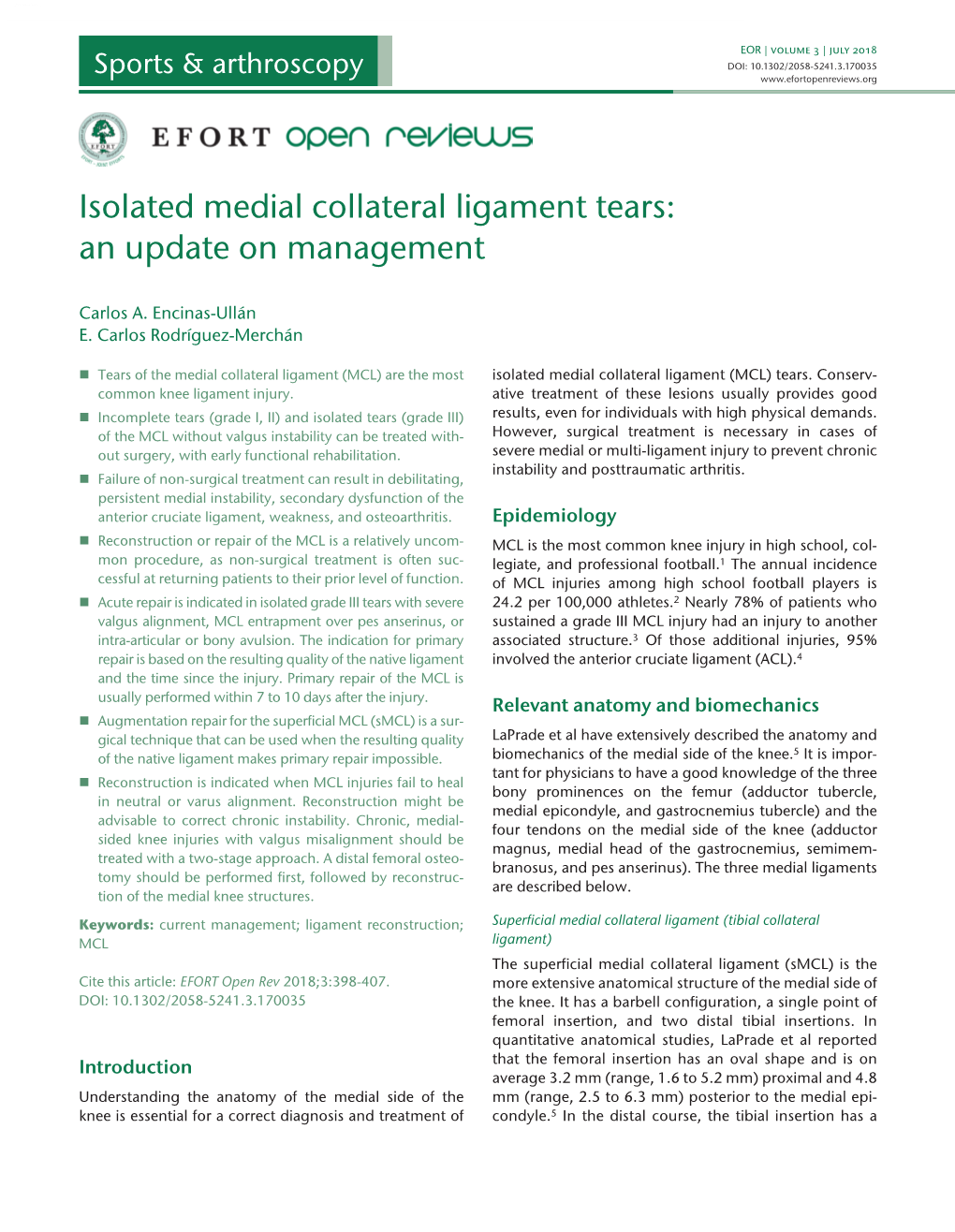 Isolated Medial Collateral Ligament Tears: an Update on Management
